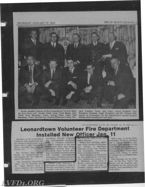 1969: Installation of officers article in local newspaper. top L-R: Sec.Norman Pilkerton, Capt.Jack Candela, VP Lloyd Goddard, Pres.Kennedy Abell, mc Webster Bell, bottom L-R: Lt. Leonard Longmore ,AC Freddie Burris, Lt.Tom Mattingly, Capt. George Duke, Chief Jake Mattingly